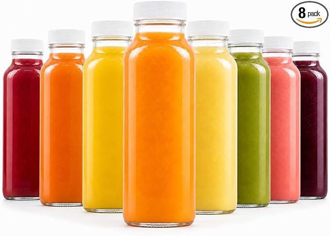 kitchentoolz 8oz Square Glass Juice Shot Bottle with Lid – 8 Pack 8 oz Milk Glass Bottles with Lids for Lunch Box, Airtight Reusable Drinking Jars for Smoothies, Yogurt, Kefir, Juice & Water