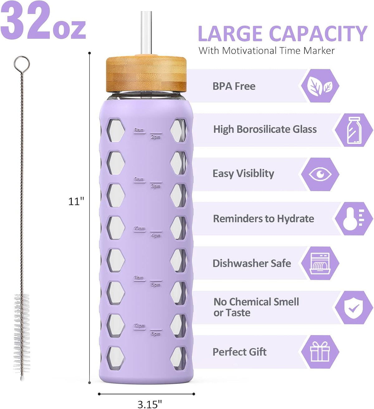 MUKOKO 32oz Glass Water Bottles with 2 Lids-Handle Spout Lid&Bamboo Straw Lid, Motivational Water Tumbler with Time Marker Reminder and Silicone Sleeve, Leakproof-Purple-1 Pack