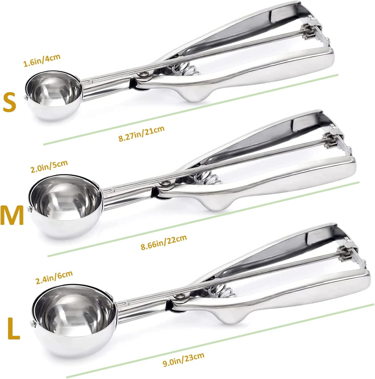 Ice Cream Scoop, 3Pcs Cookie Scoop Set, 18/8 Stainless Steel Cookie Dough Scoop, Cookie Scoops for Baking Set of 3, Ice Cream Scooper with Trigger Release, Cookie Scooper for Baking