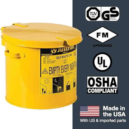 Justrite 2 Gallon Galvanized Steel Countertop Oily Waste Can, 9" x 9.6" Metal Oil Rag Safety Can with Hand Operated Self-Closing Lid for Oil Rag Disposal, Made in The USA, Yellow, 09200Y