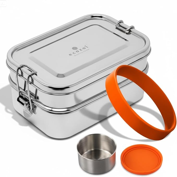 ecozoi Stainless Steel Lunch Box – 2 Tier Bento Box with Bonus Pod & 3 Compartments – Leak Proof Stainless Steel Lunch Box – Plastic Free, Eco Friendly, Dishwasher Safe, 60 oz