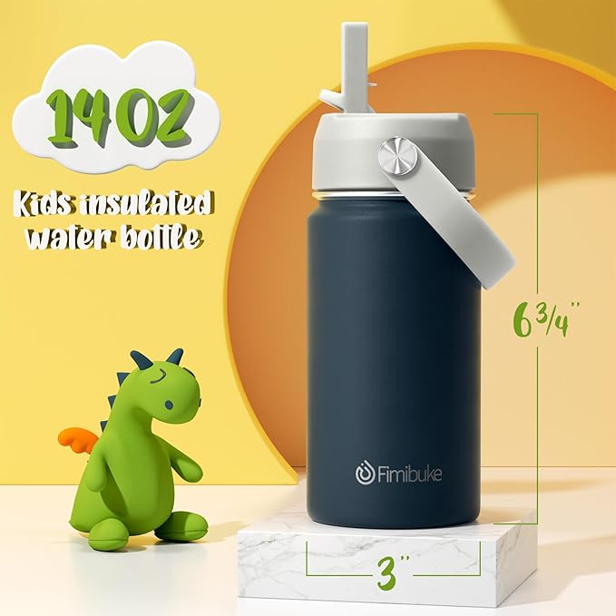 Fimibuke Kids Insulated Water Bottle, 14oz BPA FREE 18/8 Stainless Steel Travel Tumbler Double Wall Vacuum Leak Proof Kids Cup with Straw Metal Water Bottle for School Boys Girls(1 Pack, Slate)