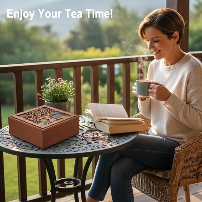 handrong Wood Tea Box Organizer,Tea Organizers and Storage with Tree Pattern,Tea Bag Holder,Decorative Tea Storage Organizer Box,9 Compartments Tea Organizer for Tea Bags Coffee