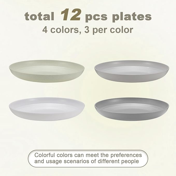 12 Pcs Unbreakable Deep Dinner Plates Set, 10 inch Reusable Plastic Wheat Straw Plates, Microwave and Dishwasher Safe Plate for Kitchen, Lightweight Plate for Dessert, BPA Free, 4 Colors