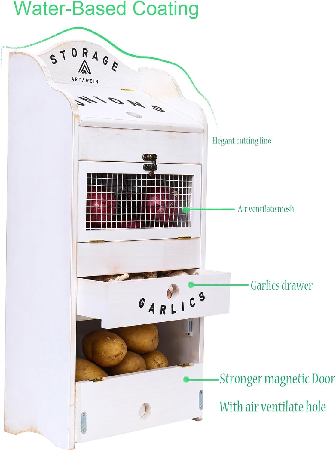 ARTAWEIN Pine Wood Veggie Bin for Potato, Onion and 1 Garlic Drawer Vegetable Box for Kitchen Storage, Solid Wood Vegetable Bin 13.77" L X 7.1" W X 29.3" H (Rustic White)