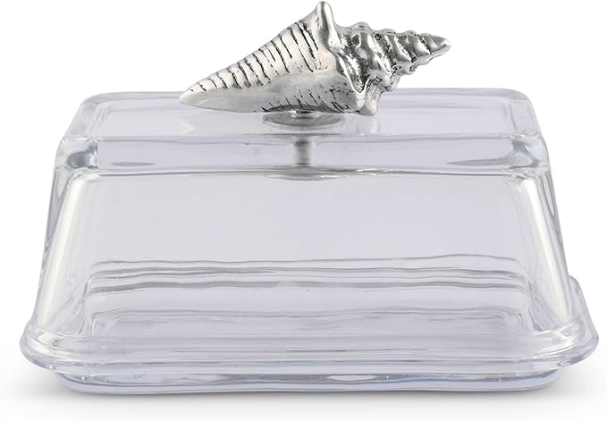 Arthur Court Glass Butter Dish with Lid Shell Knob | Classic 2-Piece Design Covered Butter Keeper | Covers and Holds a Standard Stick of Butter | Ocean / Seaside Décor