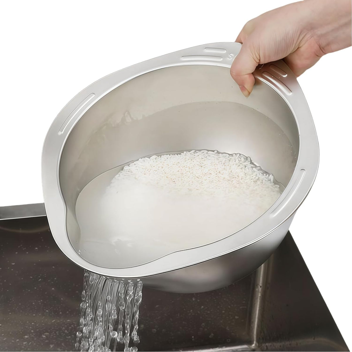 Rice Washer Strainer Bowl, Stainless Steel Washing Bowl, Quinoa Colander Versatile Side Drainers for Cleaning Rinsing Fruits, Vegetables, and Beans - Multifunctional Drain Basket