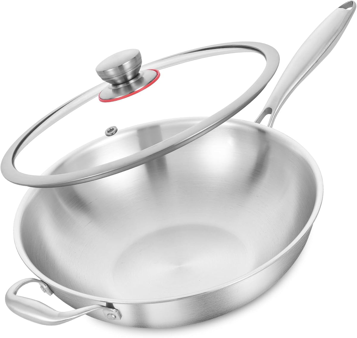 LOLYKITCH Tri-Ply 13 Inch Stainless Steel Wok Pan with Lid, Stir-Frying Pan,Induction Cooking Pan,Dishwasher and Oven Safe,Heavy Duty and Detachable handle.
