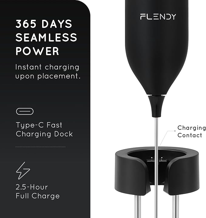 Flendy Rechargeable Milk Frother Handheld, Coffee Frother Handheld with USB-C Charging Stand, Electric Drink Mixer Handheld, Mini Electric Whisk Frother for Coffee, Matcha, etc