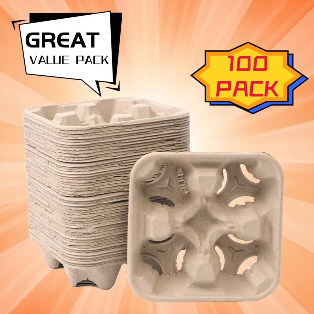 Disposable Compostable 4 Cup Drink Carriers,w/Extra-Deep Slots Secures 8-32oz Cups, Durable Pulp Fiber Holder for Coffee/Bubble Tea/Soda - Delivery, Takeout,Restaurants (100 Pack)