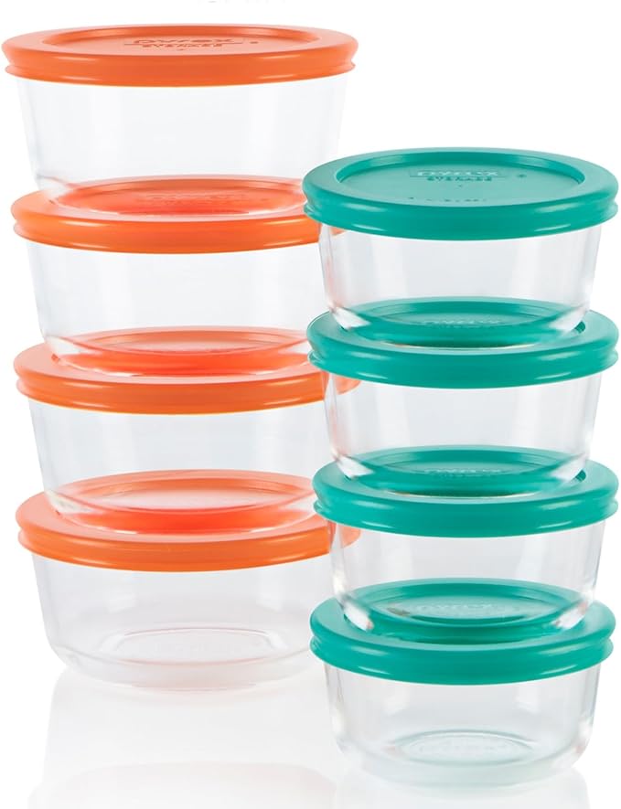 Pyrex Simply Store (8-Pack) Small Glass Food Storage Containers Set, (1 & 2 Cup) Meal Prep Containers With Plastic BPA-Free Lids, Dishwasher & Microwave Safe