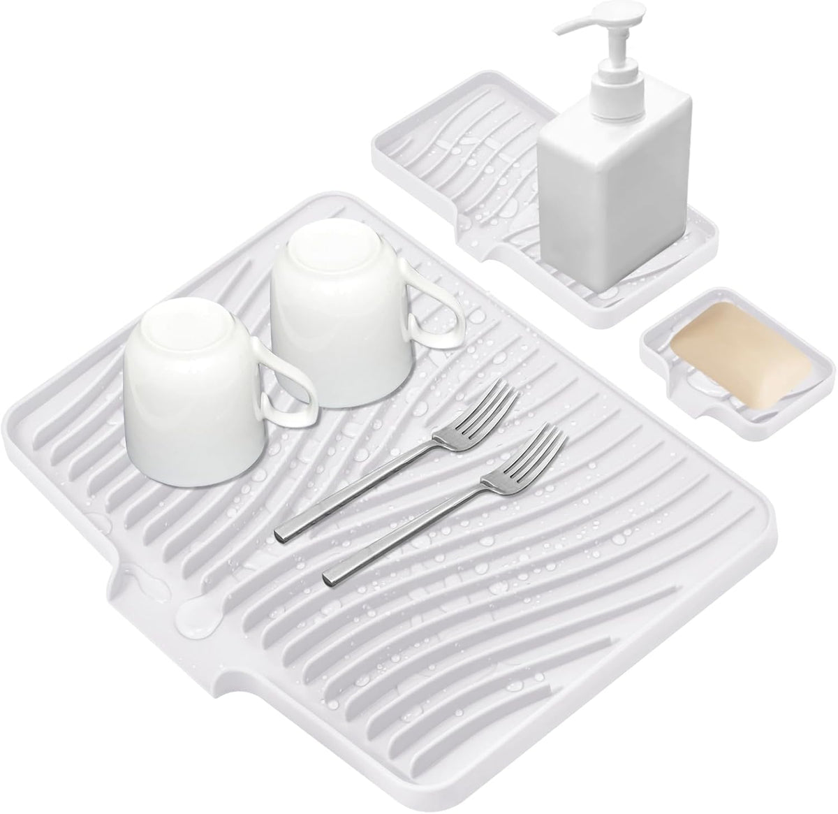 Silicone Dish Drying Mat for Kitchen Counter, Dish Drying Pad, Non-Slip Drain Pad with Built-in Drain, Heat Resistant Stone Drying Mat, 1 set (Ivory)