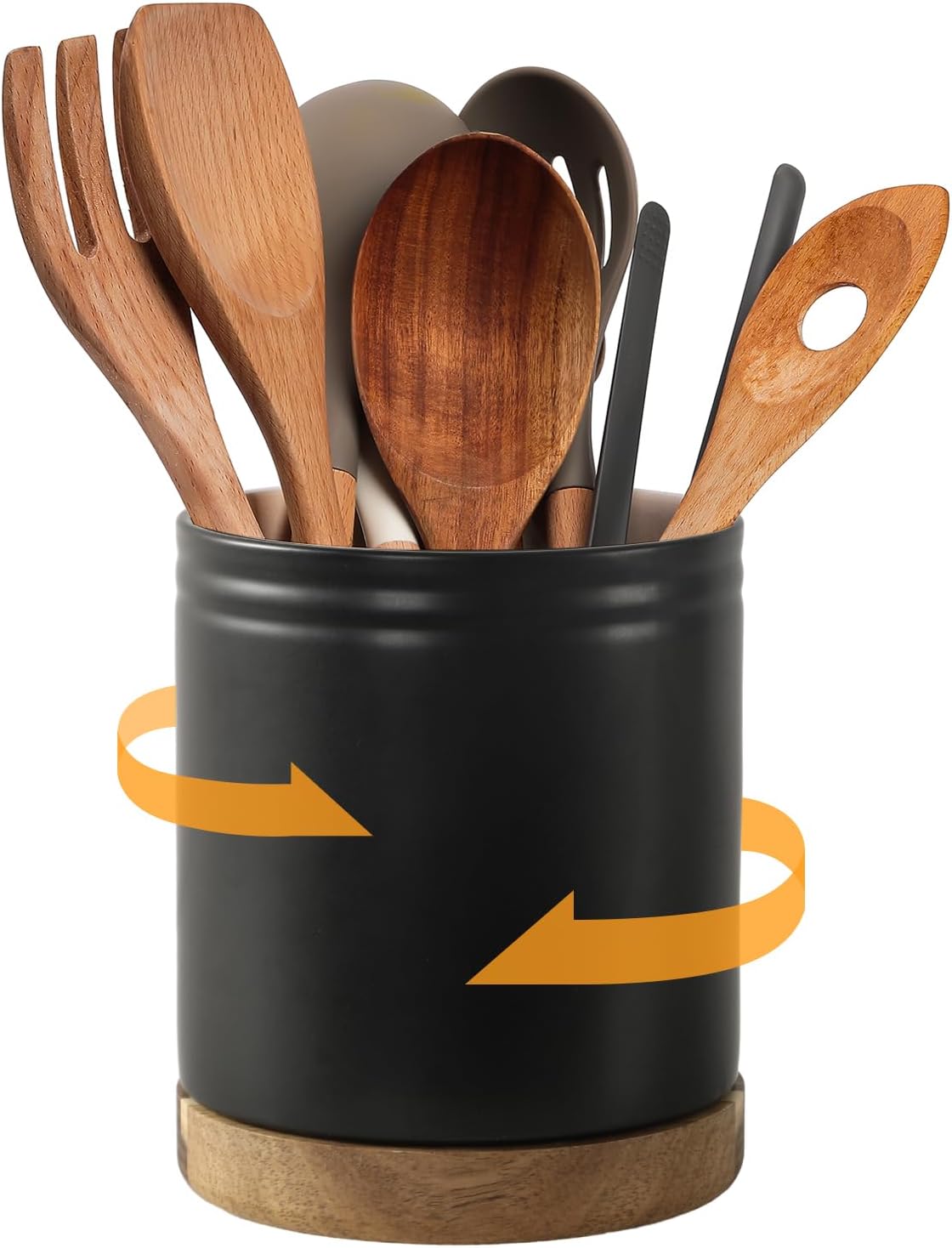 DOWAN 7.6" 360° Rotating Utensil Holder, Kitchen Utensil Holder for Countertop, Ceramic Utensil Crock, Large Cooking Utensil Caddy for Kitchen Counter, Protection Cork Bottom, Black