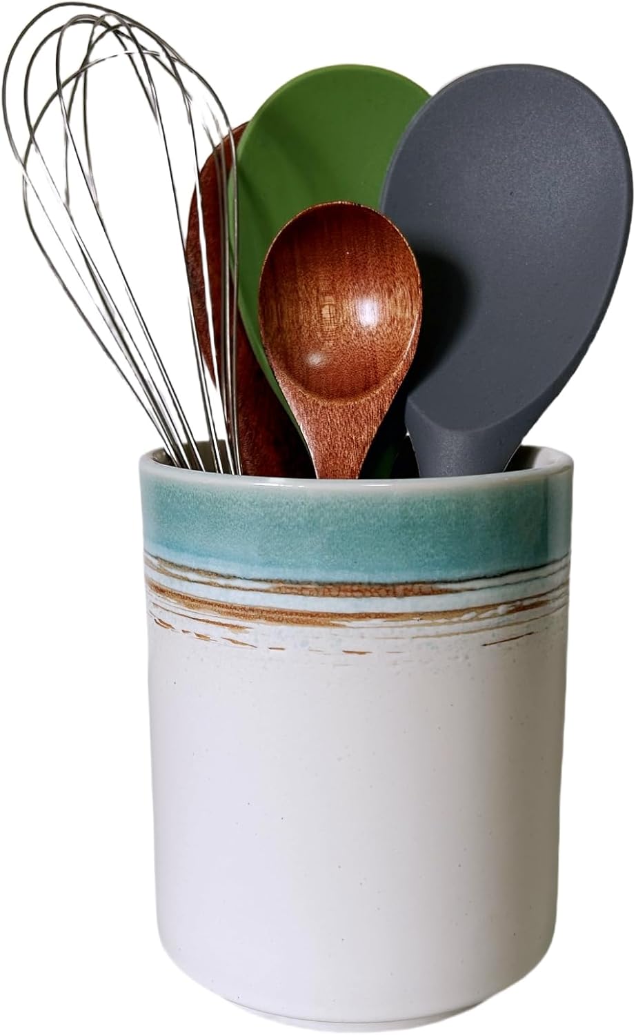 Medium Stoneware Kitchen Utensil Holder for Kitchen Counter Short Cooking Utensil Holder for Countertop Spatula Holder Small Utensil Crock Cutlery Holder Silverware Caddy Flower Vase (Green Field)