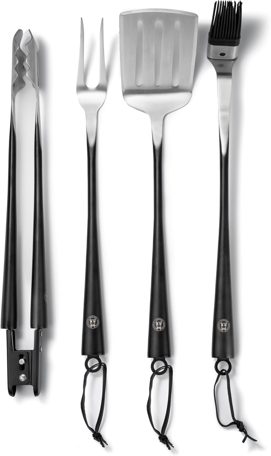 Schmidt Brothers - BBQ Carbon 6, 4-Piece Grilling Accessory Set, Full-Forged Stainless Steel Grilling Utensils Including Spatula, Fork, Basting Brush, and Tongs with All Wood Handles