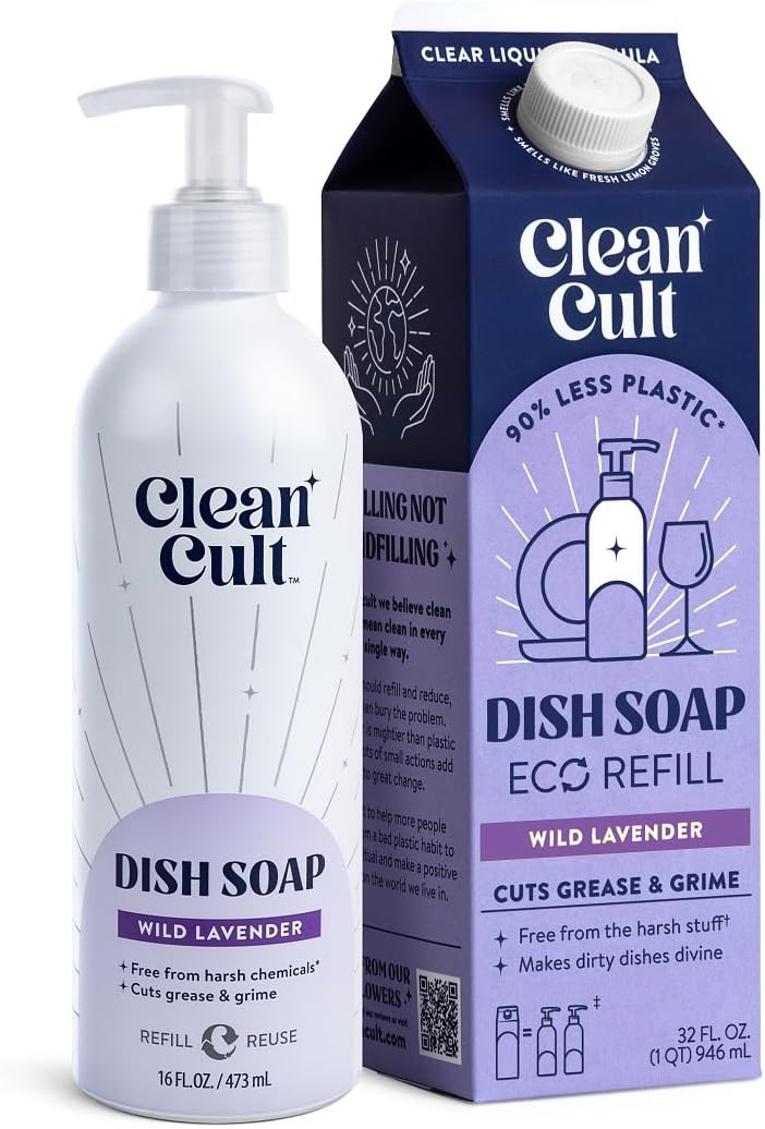Bundle of Cleancult Dish Soap Liquid Refills (32oz, 1 Pack) Wild Lavender + Cleancult -Wild Lavender - Liquid Dish Soap - Refillable Aluminum Bottle - 16 oz