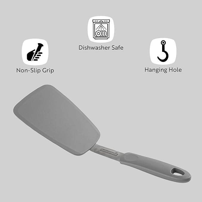 Restaurantware Comfy Grip Silicone Turner 1 Durable Cooking Turner - Stainless Steel Body Rubber Handle With Hole Gray Silicone Flipper Spatula Tolerates Up To 446F Dishwashable