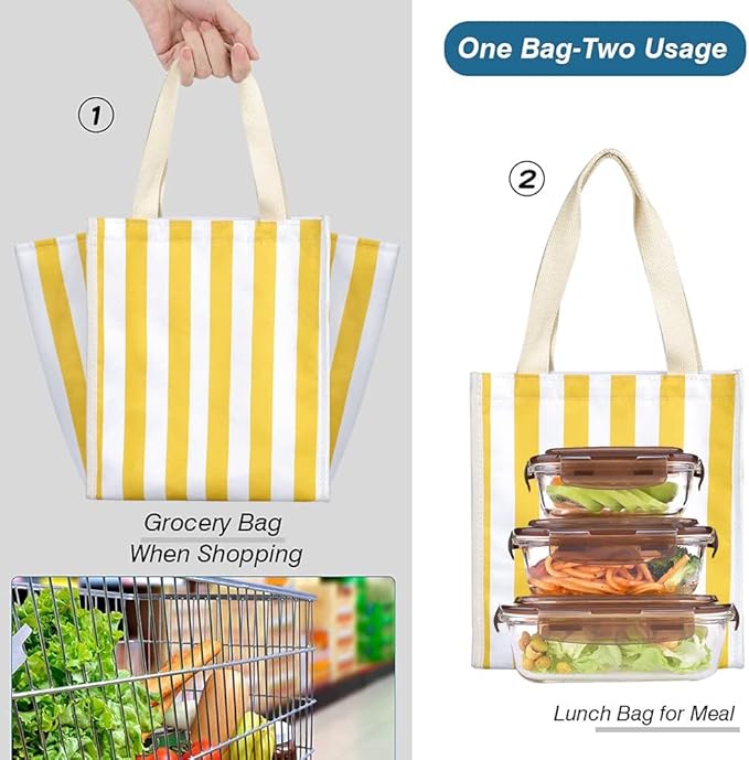 iknoe Insulated Lunch Bag for Women & Adults, 9L Foldable Wide-Open Cooler Bag with Pockets, Leakproof & Portable, for Picnic, Office, Beach(Yellow stripe)