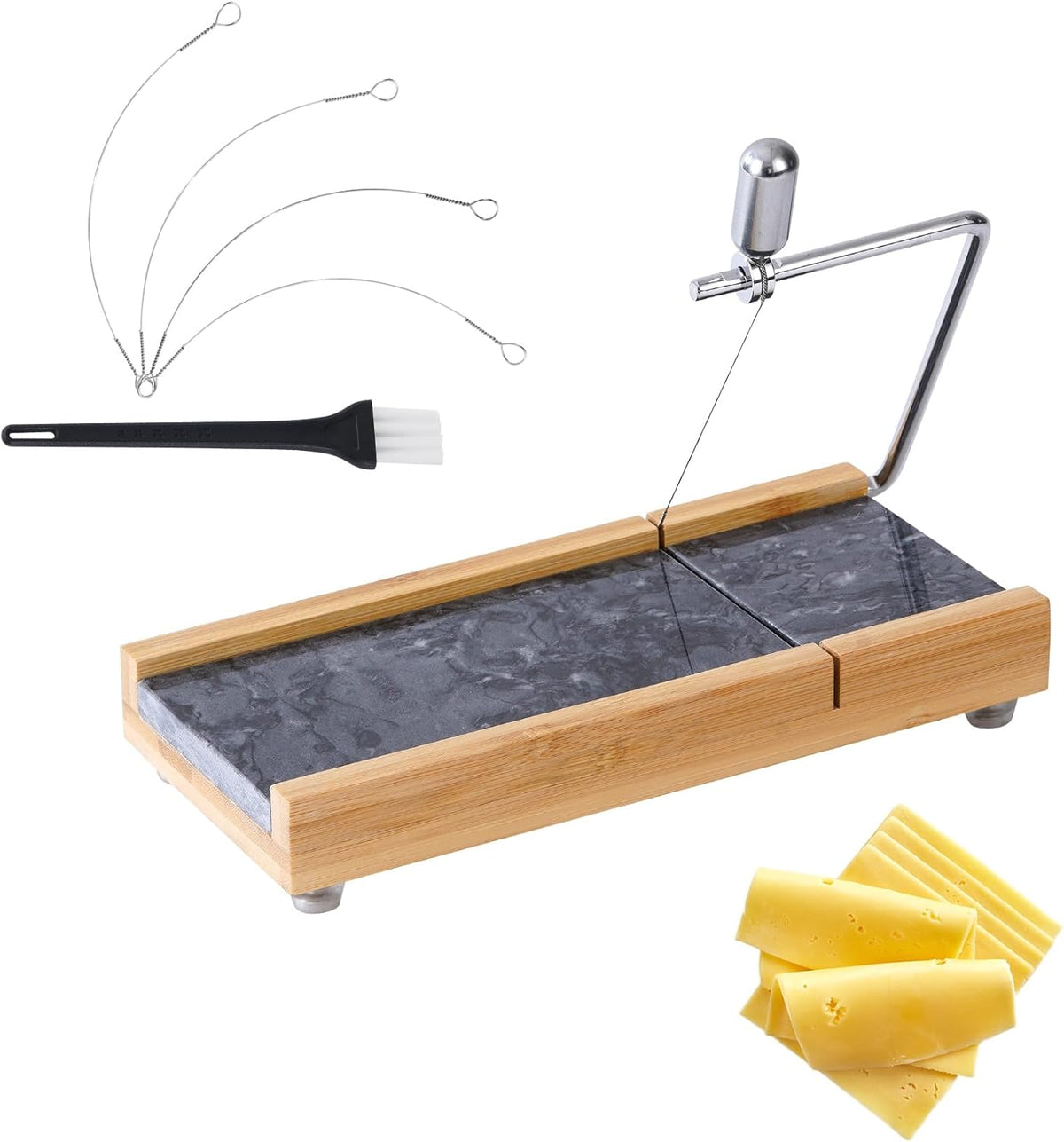 Tianman Cheese Slicer Cheese Cutter with 4 Replacement Cutting Wire,Heavy Duty 8.27"x 4.4",Marble Board Cheese Slicer for Block Cheeses, Butter,Cakes and More(Black Grey)