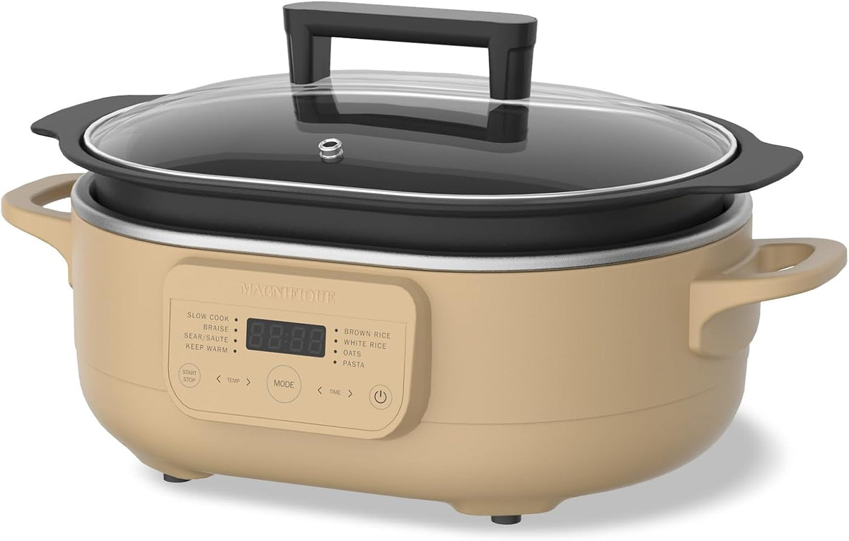 6 Quart Slow Cooker, with 8-in-1 Multi-Cooker, Casserole Programmable crock pot, Dutch Oven, Pasta, Nonstick, Oven Safe Pot to 500°F, Brown