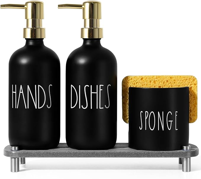 Kitchen Soap Dispenser Set, 16.9 fl oz Hand and Dish Soap Dispensers with Tray, Black and Gold Kitchen Soap Dispenser Set with Sponge Holder, Instant Dry Tray, Gold&Black