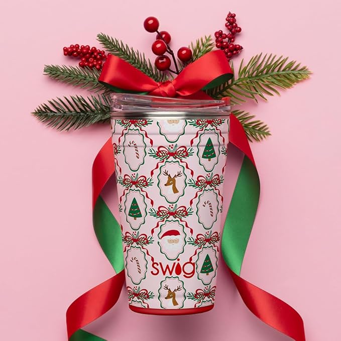Swig Life 24oz Party Cup, Stackable Insulated Travel Coffee Tumbler with EZ Slider Lid, Cup Holder Friendly Travel, Stainless Steel 24 oz Tumbler, Reusable Mug (Christmas Cameos)