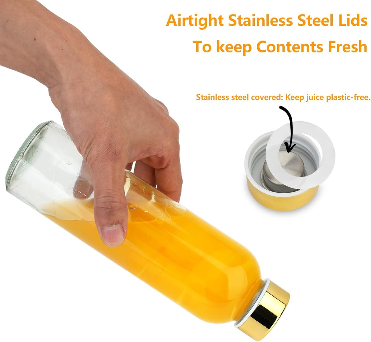 Zukro Glass Water Bottles with Lids 18 oz, Reusable Juice Bottles for Juicing, Leak Proof Juice Storage Containers for Fridge, Clear Drinking Jars With Stainless Steel Caps, BPA Free, Set of 12 Gold