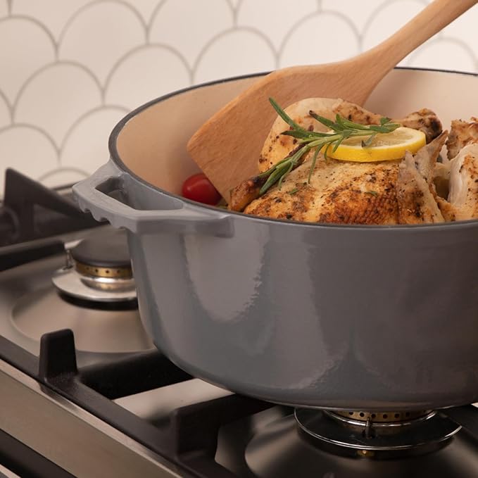 Bruntmor 2-in-1 Enamel Cast Iron Dutch Oven With Handles - Crock Pot Grey Cast Iron pot with Skillet lid - All-in-One Cookware Braising Pan for Casserole Dish - 7 Quart, Grey
