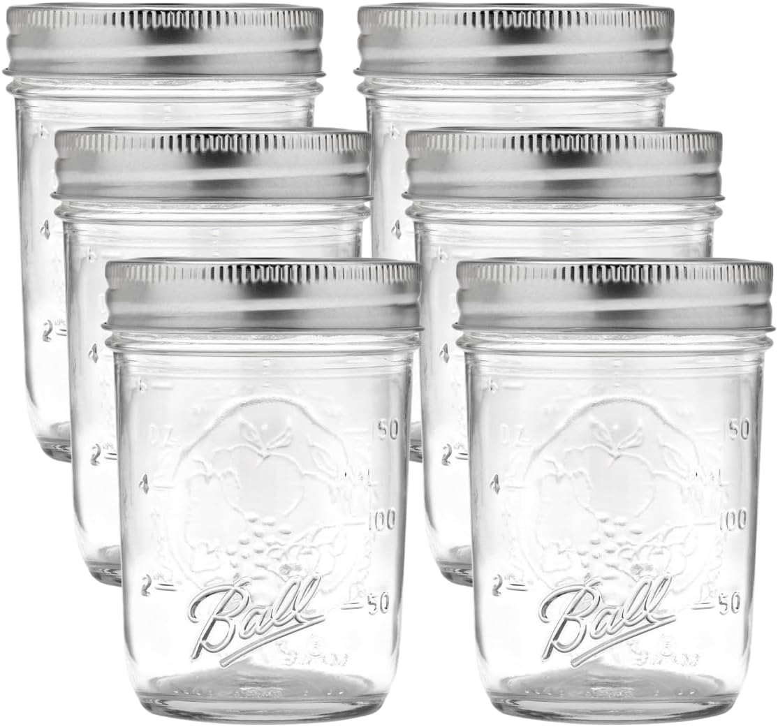 Ball Regular Mouth Glass Mason Jars with Lids and Bands, Used for Canning (Half Pint, 8 Ounce (Pack of 6))