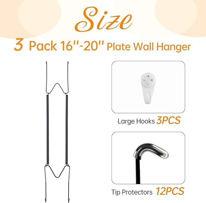 Bilillo 3 Pack Plate Hangers for The Wall, Suitable for 16''-20'' Decorative Plate,Invisible Heavy Duty Wire Plate Holder with Wall Hooks, Plate Hangers for Displaying Plates, Platter, Dish (Black)