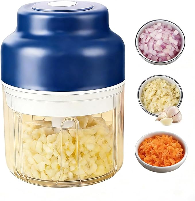 Electric Garlic Chopper Mini, Upgraded Rechargeable Veggie Chopper With Storage and Cover, One-Touch Food Processor with 4 Stainless Steel Blades for Onion Meat Chili Ginger (Blue, 320ml)