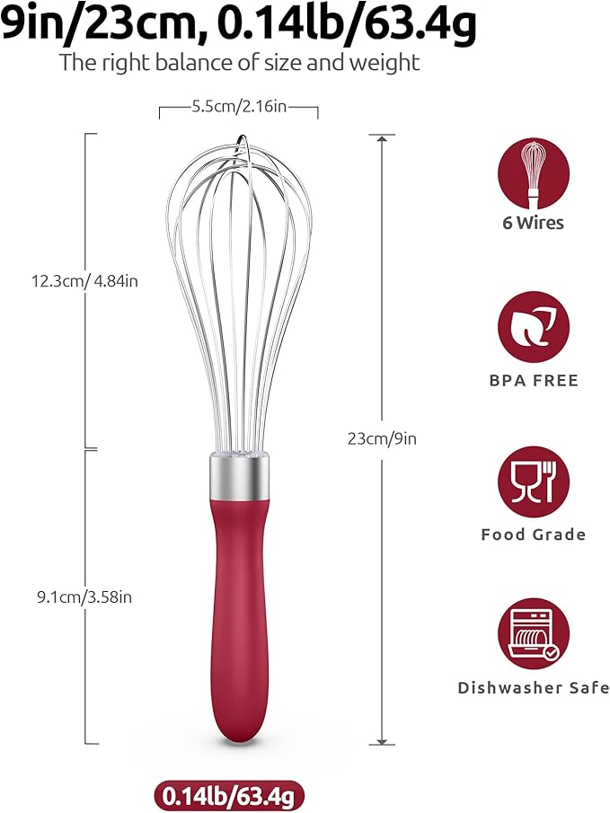 U-Taste 9" Small Egg Whisk: 18/10 Stainless Steel Kitchen Cooking Wire Balloon Wisk, Heavy Duty Metal Beater Stirrer, Manual Baking Tool with 6 Flex Wires for Hand Mixing, Blending Sauce (Red)