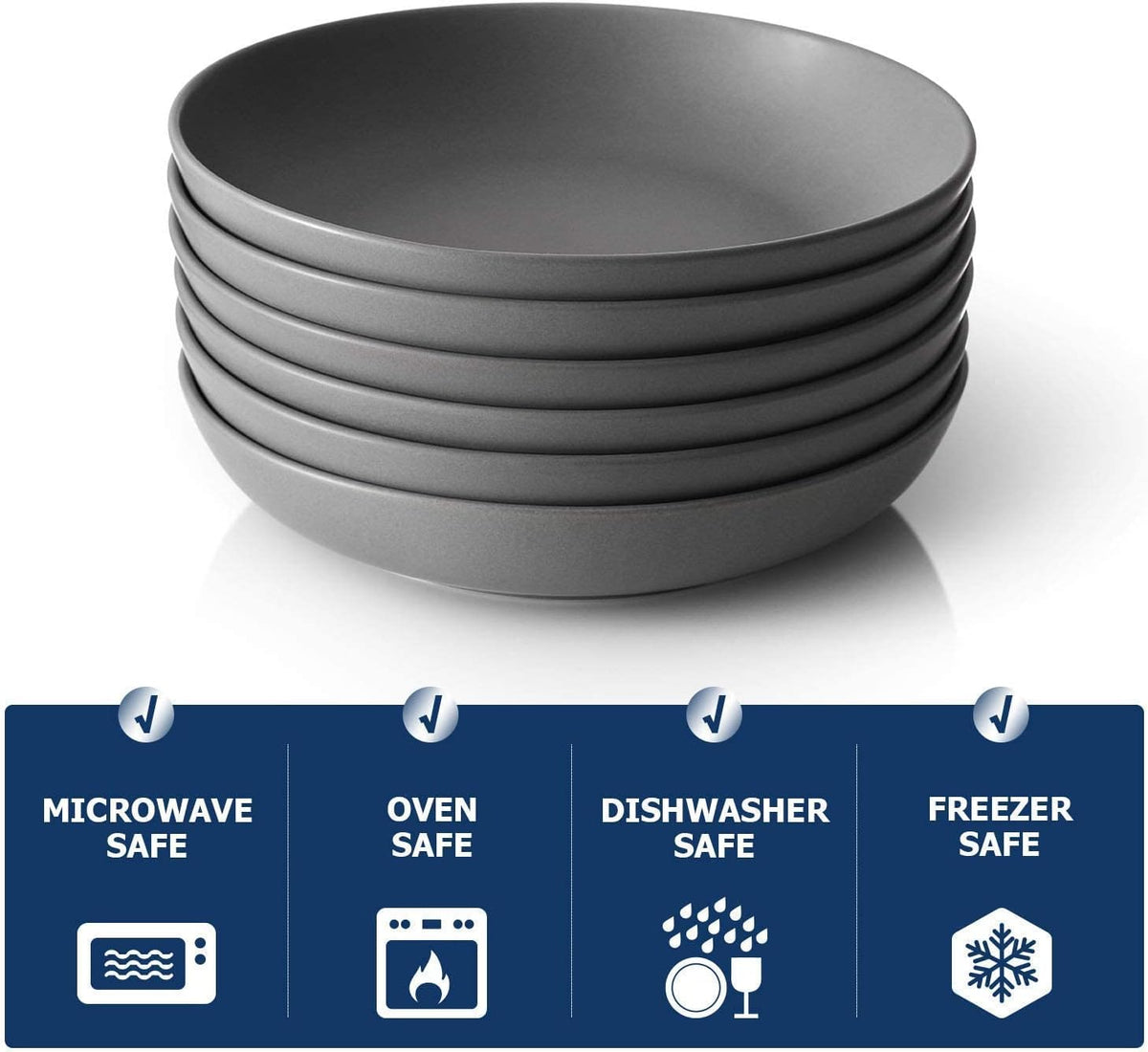 Y YHY Pasta Bowls Set of 6, Large Salad Serving Bowls, Porcelain Soup Bowls 30 Ounces, Wide and Flat, Microwave Dishwasher Safe, Matte Grey