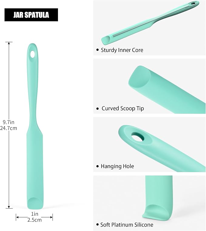 Doosu 18/8 Stainless Steel Food-Grade Measuring Coffee Scoop with 8.5in Long Handle (1 & 2 Tbsp) and 600°F Heat Resistant Silicone Jar Scraper Spatula (Aqua Sky)