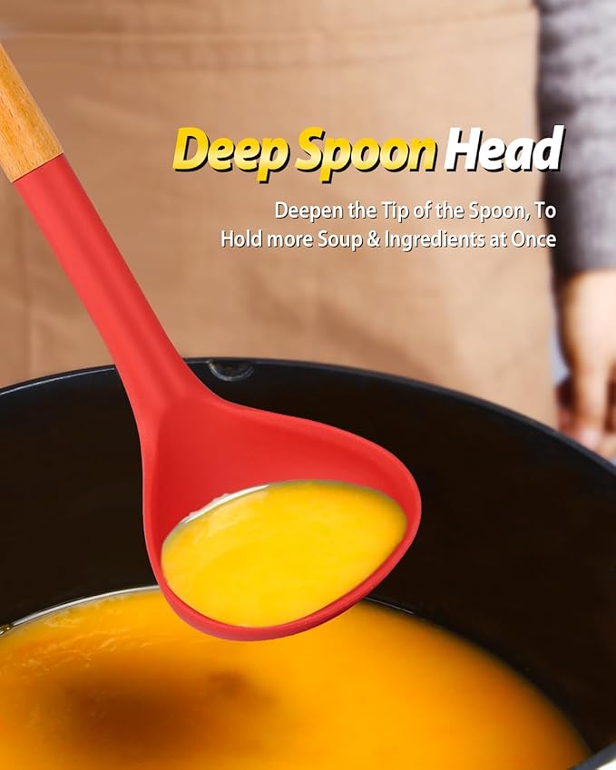 Silicone Pasta Fork and Ladle Spoon Set with Wooden Handle, Heat Resistant Non Stick Kitchen Utensils for Cooking, Stirring, Serving Spaghetti, Soup, Sauce(RED)