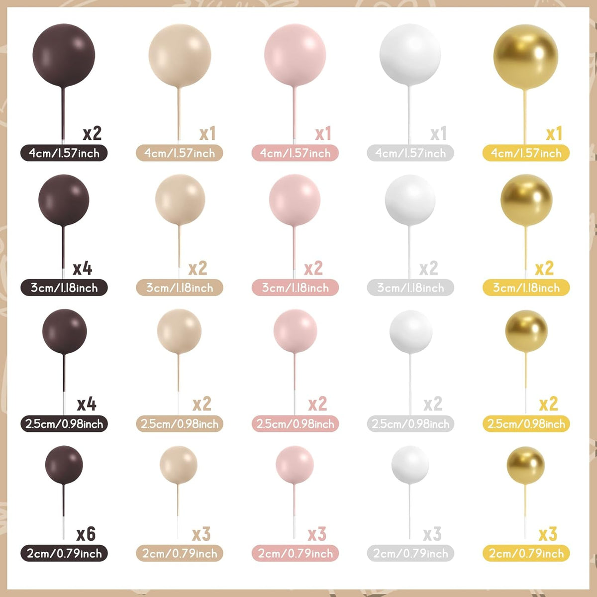 48 Pcs Balls Cake Topper Decorations Balloon Cupcake Toppers Foam Cake Topper Balls for Birthday Party Wedding Cake Decorating(Brown,White,Gold)