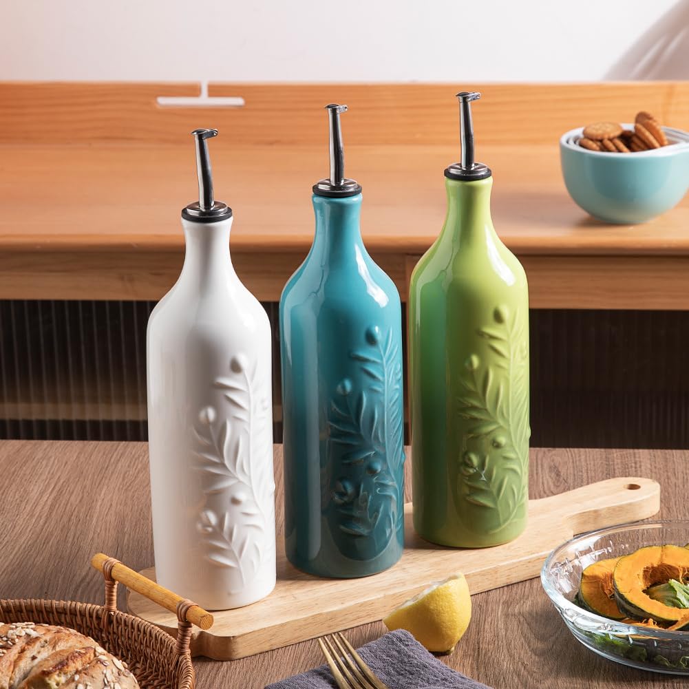 Sweejar Large Olive Oil Dispenser Bottle with Spout, 24 Oz Ceramic Oil Dispenser for Kitchen, Relief Opaque Oil Cruet, Oil Container for Cooking, EVOO, Avocado Oil, Vinegar, Pack of 1(Gradient Green)