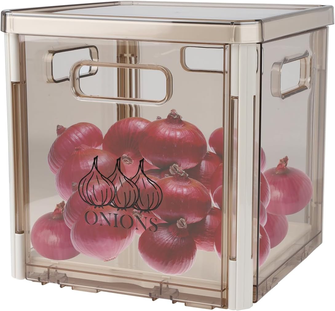 Onion and Potato Storage Container With Lid and Handle, Stackable Plastic Bin for Kitchen Organizers, BPA Free
