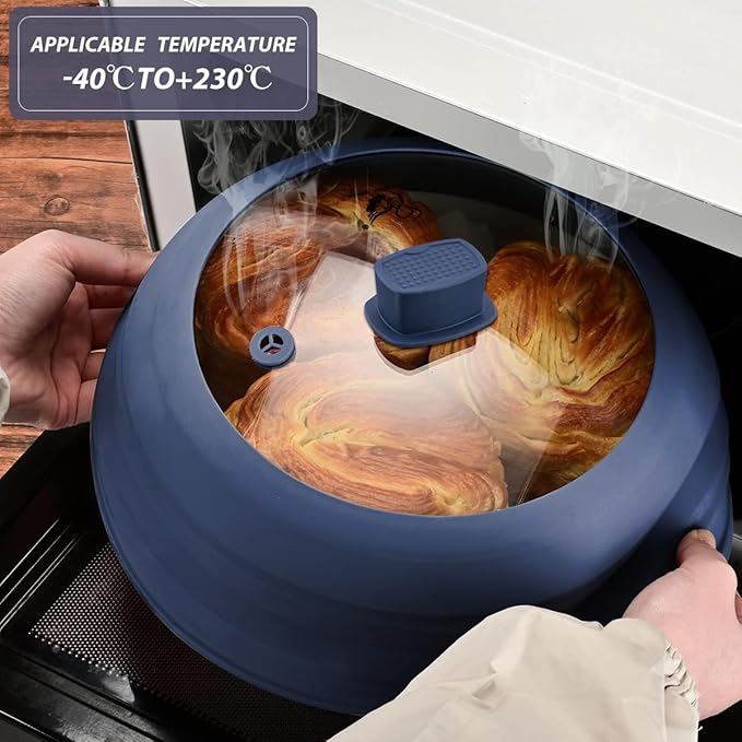Microwave Splatter Cover Glass Guard Lid with Collapsible Silicone for Food Pot Plate Cover 9.8 inch Dark Blue
