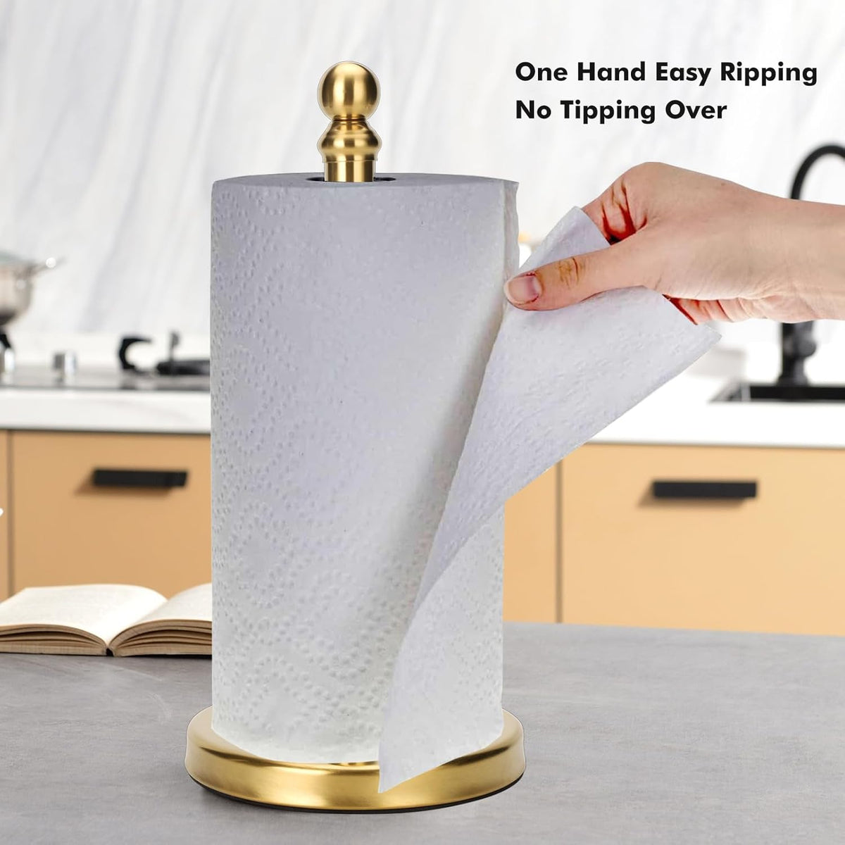Gold Paper Towel Holder Countertop with Weighted Stainless Steel Base, One-Handed Design No Tipping Over, Standing Paper Towel Holder Standing in Brushed Gold Finish