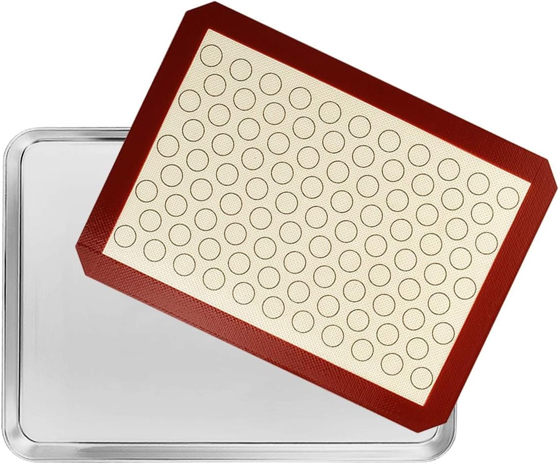 Baking Sheet with Silicone Mat Set, Set of 8 (4 Sheets + 4 Mats), Stainless Steel Cookie Sheet Baking Pans with Reusable Silicone Baking Mat, Non Toxic & Heavy Duty & Easy Clean