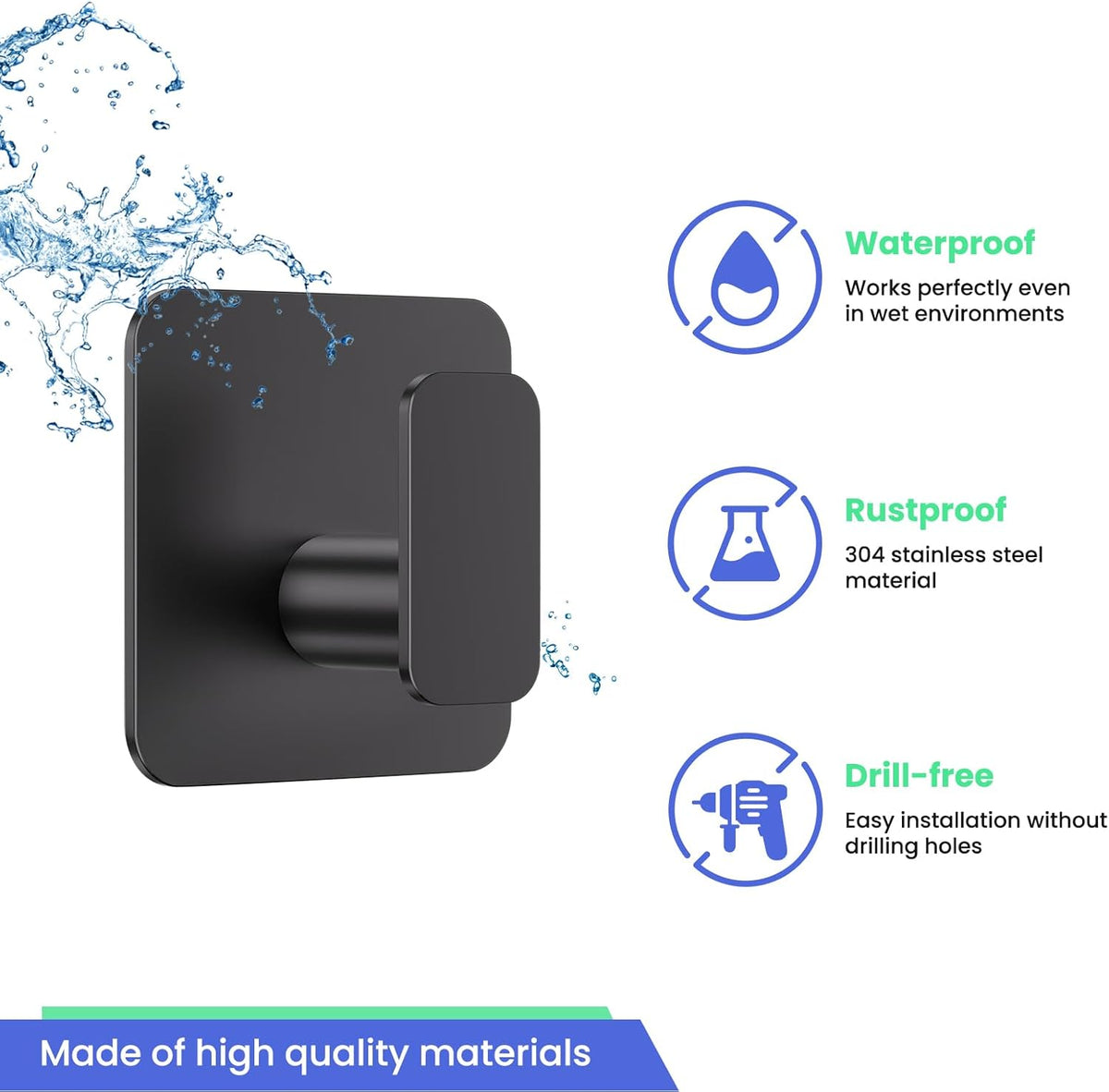 Black Hooks for Hanging Heavy Duty, Adhesive Hooks for Shower, Bathroom, Kitchen, Robe, Towel, Coat, Waterproof & Rustproof Hook for Walls No Damage, Stainless Steel Sticky Hook - 6 Pack