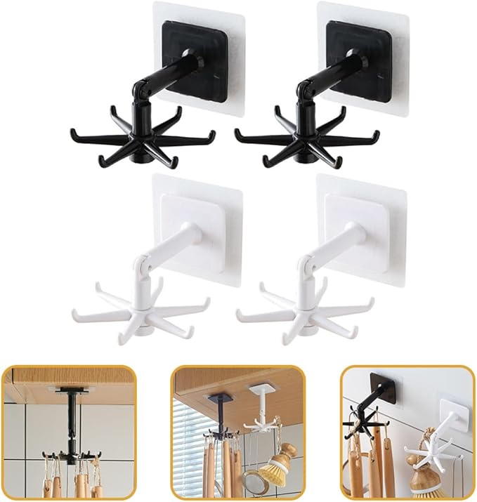 GLEAVI 4pcs 360-degree Rotatable Kitchen Utensil Hooks, Wall-Mounted Heavy Load Hanging Hooks for Kitchenware, Under Cabinet Sticky Holders in Black and White