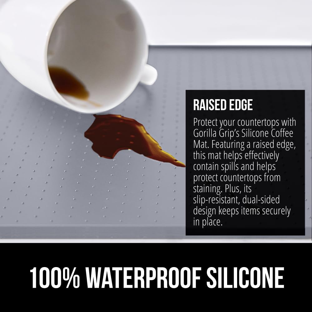 GORILLA GRIP Silicone Coffee Mat, Espresso Drink Bar Station Accessories, Waterproof Heat-Resistant Dish Drying Mats, Stay in Place on Kitchen Counter, Home Kitchen Decor Essentials, 10x14, Gray