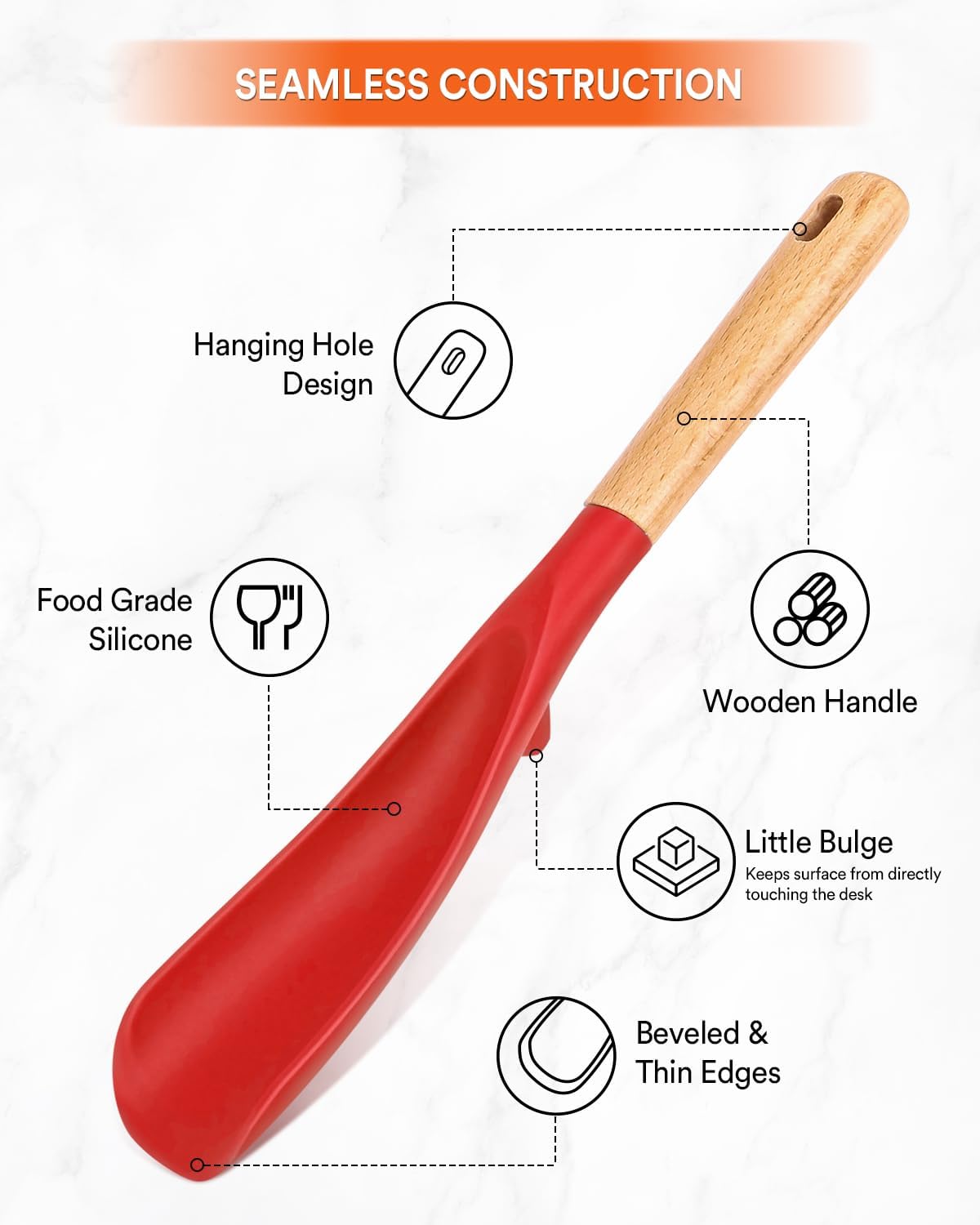 Cooking Spoon and Rice Scooper for Nonstick Cookwares, Great for Cooking and Serving Sturdy BPA-Free Matte Silicone, Wood Handle Spoon for Mixing, Scoop, and Scrape (RED)