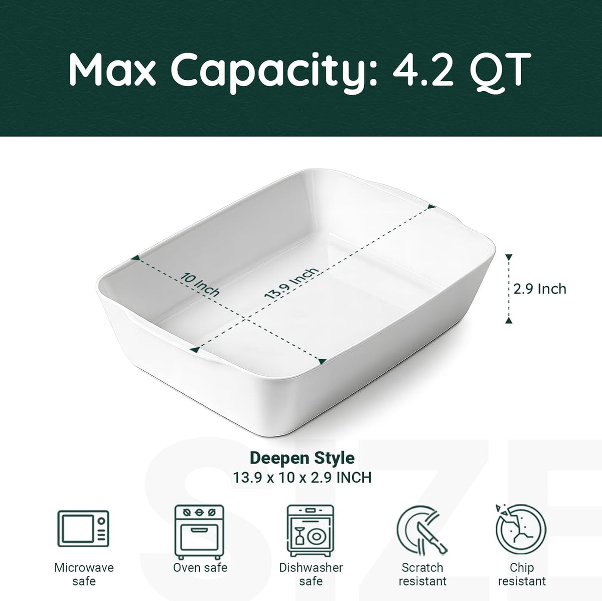 4.2 QT Deep Ceramic Baking Dish, White Casserole Dish, Lasagna Pan for Oven, Ceramic Baking Pan, Kitchen Decor, Microwave Oven Safe, Dinner, Wedding (10" x 13.9")