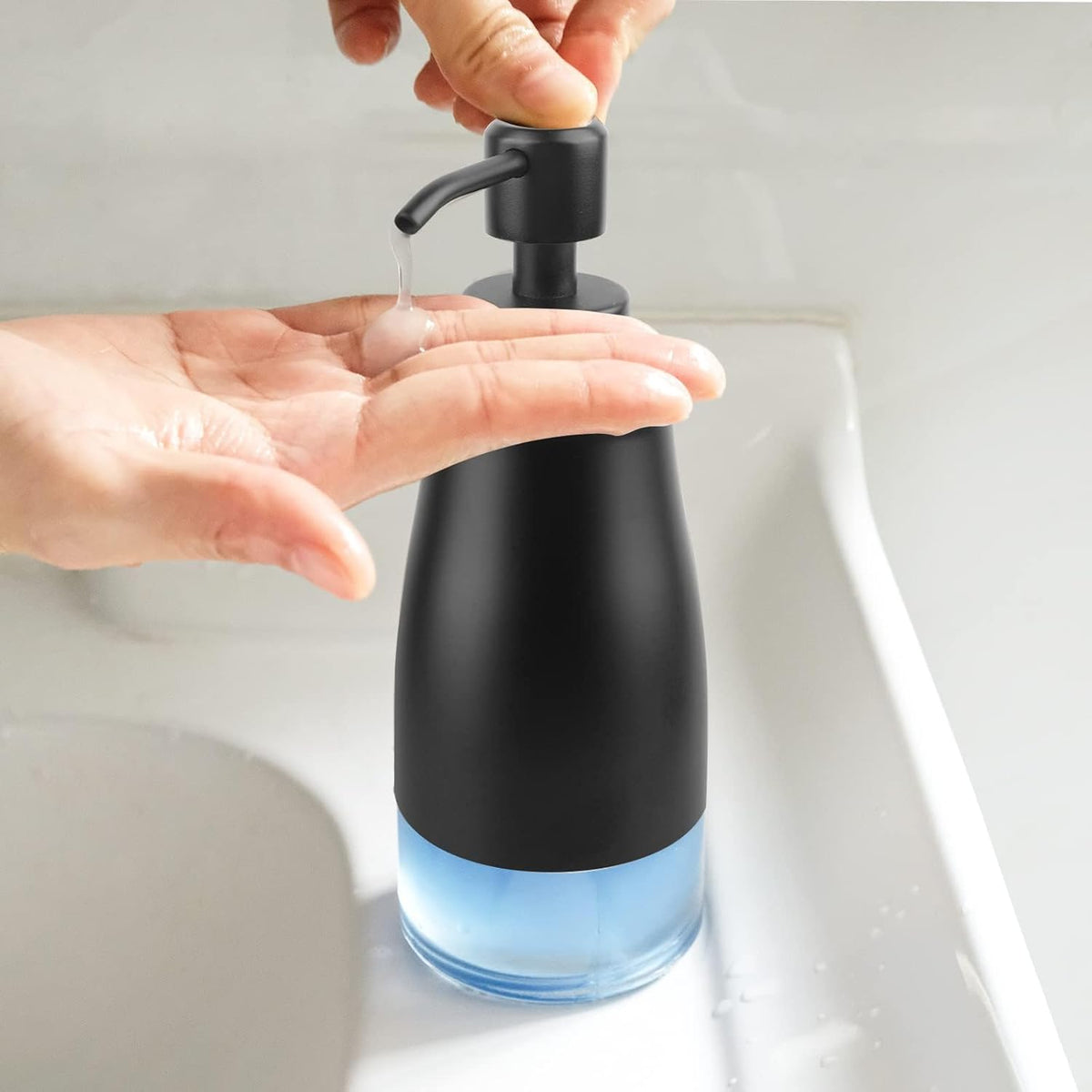 Soap Dispenser with Non-Slip Silicone Pad, 2 Pack Kitchen Dish Refillable Liquid Dispensers, Hand Soap Dispenser for Bathroom, Stainless Steel Case Glass Liner Hand Pump Dispenser Silver & Black