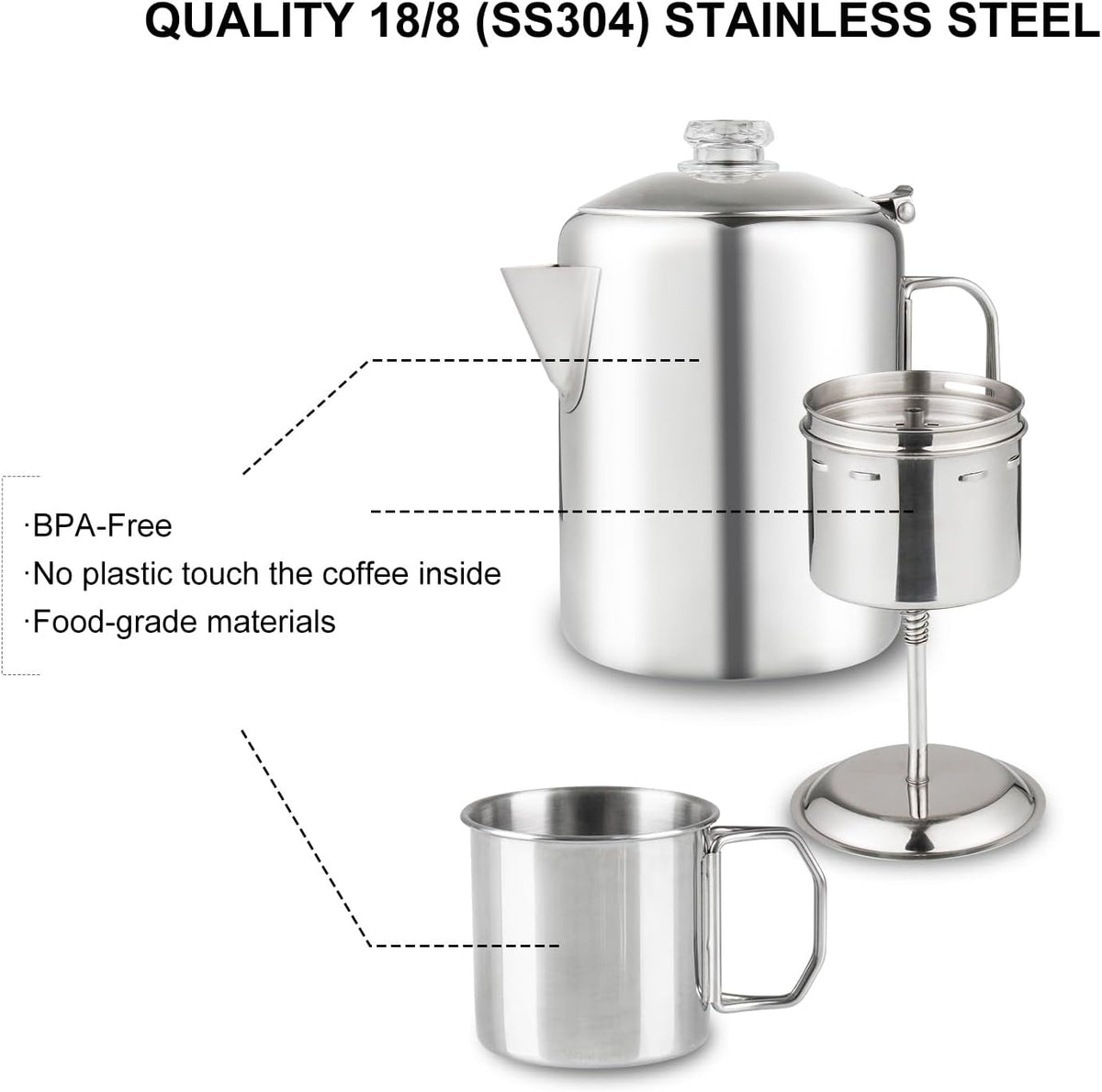 Coffee Percolator Bundle with 2 Mugs Stainless Steel Coffee Maker with Heat Resistant Tough Glass Knob & Foldable Handle Using on any Stovetop Outdoor Camping NO Aluminum NO Plastic (8 Cup)