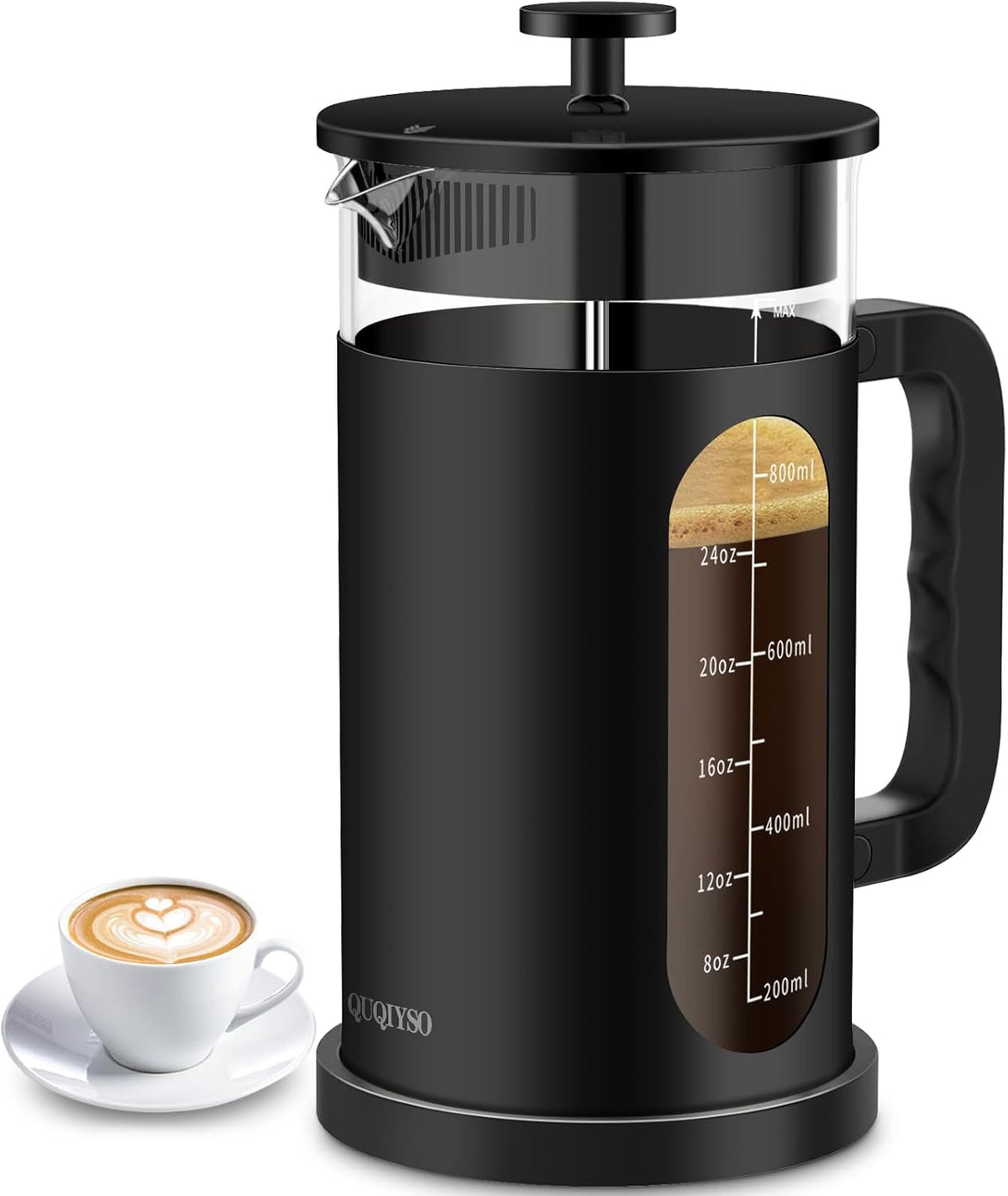 QUQIYSO French Press Coffee Maker, 304 Stainless Steel French Press with 4 Filter, Heat Resistant Borosilicate Glass, Easy to Clean, BPA Free Coffee Press Rust-Free Coffee Maker, 34 ounce, Black