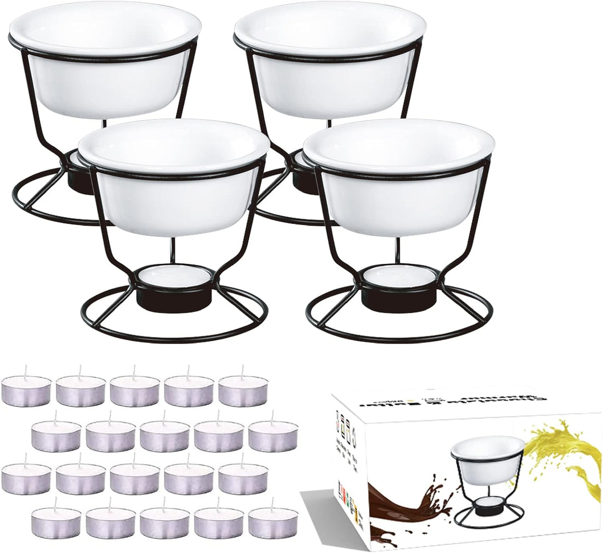 Luvan 4Pcs Fondue Pot Set for Chocolate Butter Cheese, 5oz Butter Warmer for Seafood with 20 Tealight, Ceramic Bowl Oven Microware Dishwasher Safe,Perfect for family dip Fruit,Dessert,Snack